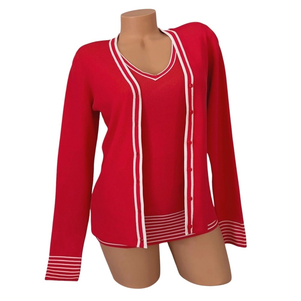 George Stretch Red White Striped Twin Set Cardigan Tank Top M L Melon Delight